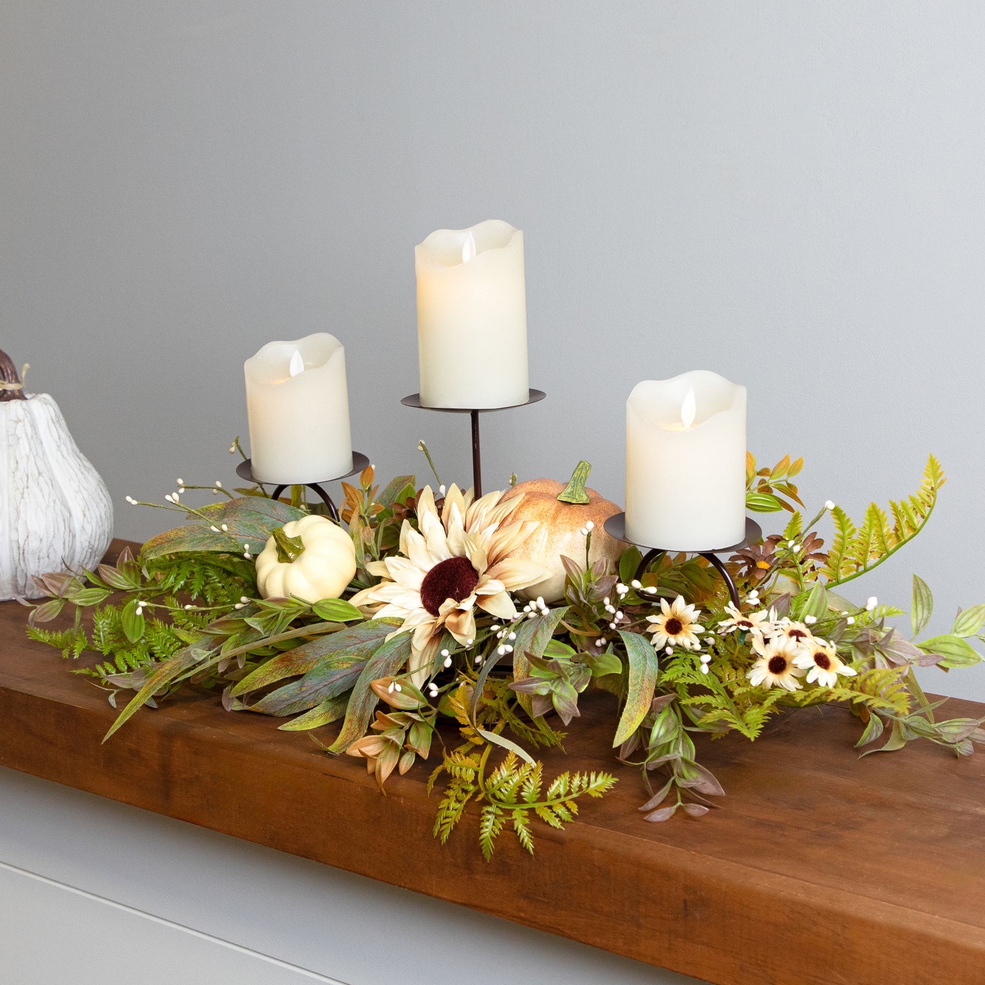 28" Sunflower & Pumpkins Fall Harvest Triple Candle Holder